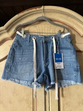 NWT Very J Light Blue Denim Frayed-Hem Shorts with Drawstring
